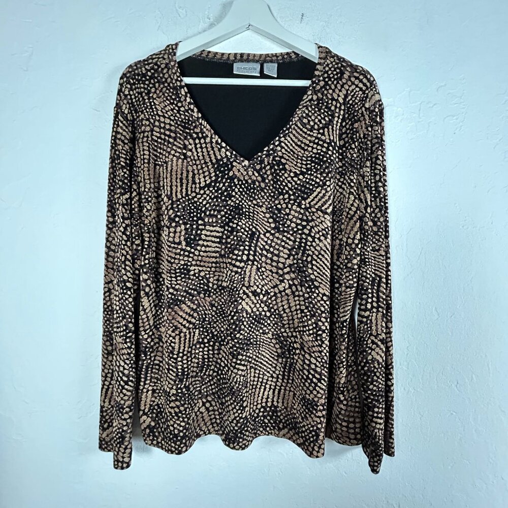 Chico's Travelers V-Neck Long Sleeve Top Size 3 Black Gold Animal Print Stretch